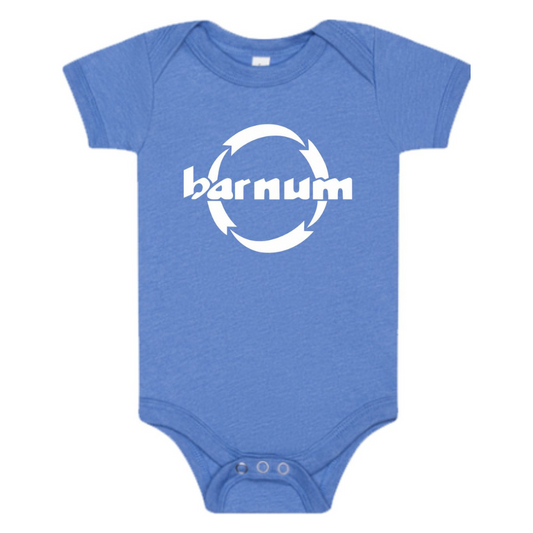 Front of blue baby onesie with 'barnum' logo.