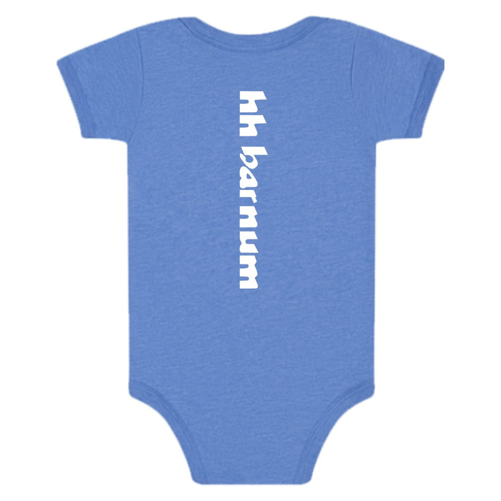 Back of a blue baby onesie with 'hh barnum' text down the spine.