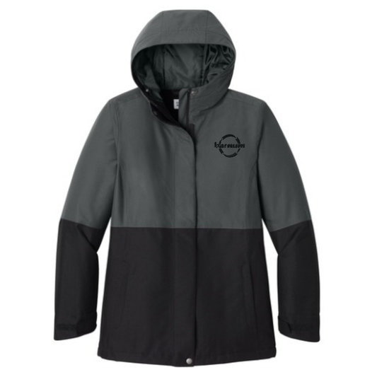 Two-tone gray and black jacket with a black barnum logo on the left chest. 