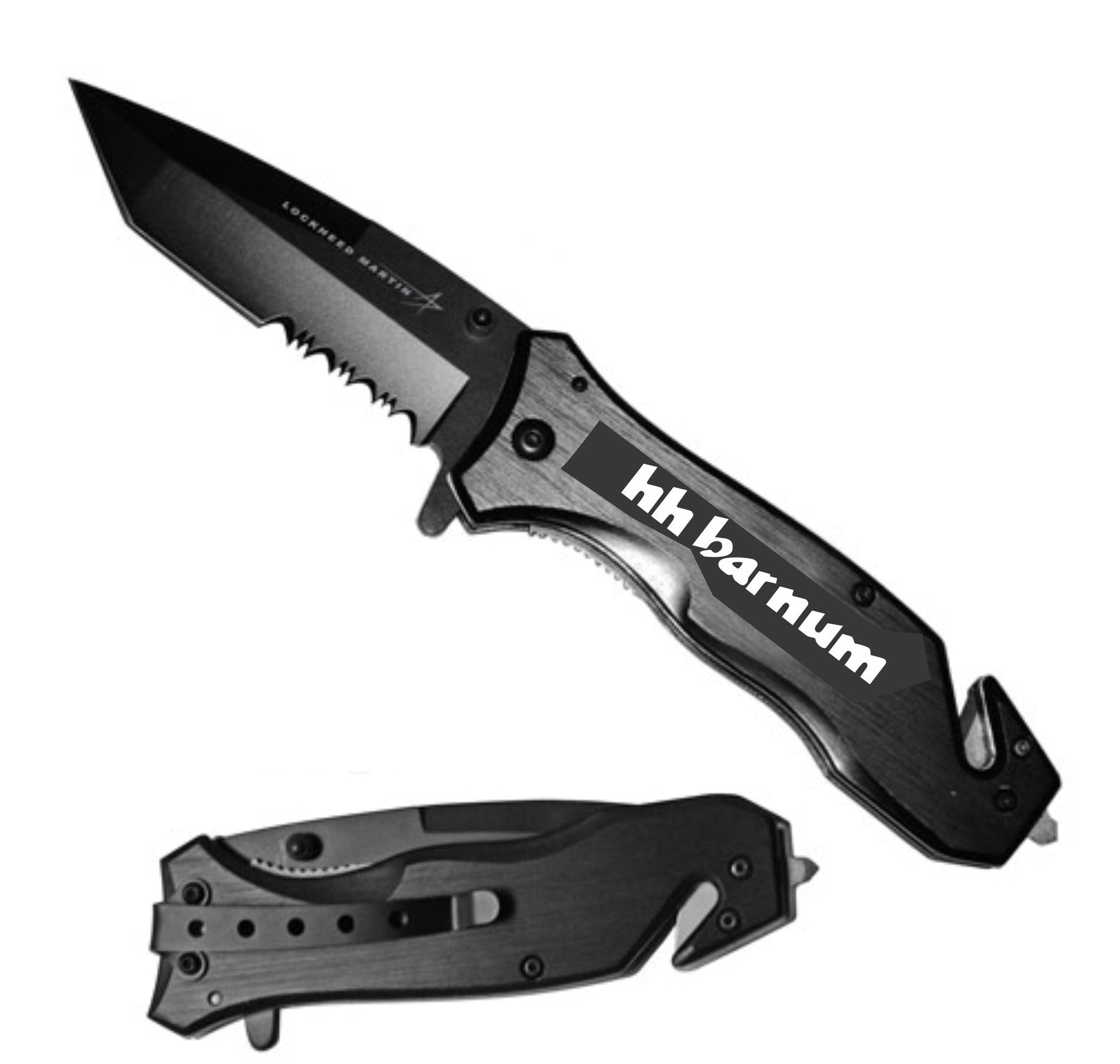 Black folding knife with serrated blade and 'HH Barnum' branding on the handle.