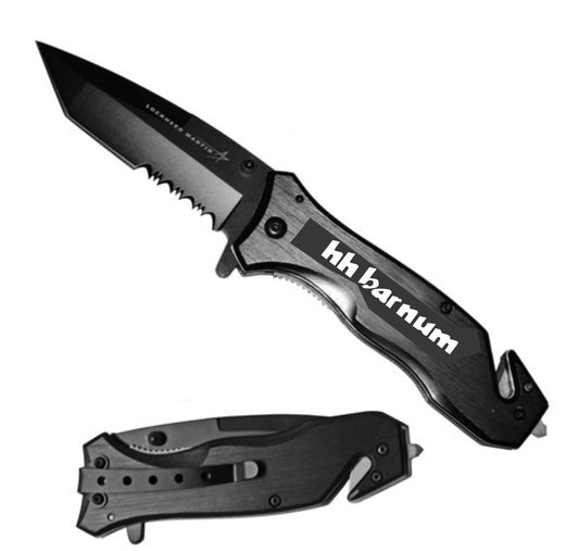 Black folding knife with serrated blade and 'HH Barnum' branding on the handle.