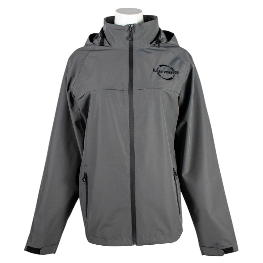 Gray rain jacket with a black HH Barnum logo and black details. 