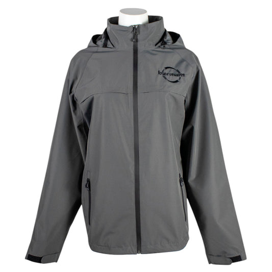 Gray rain jacket with a black HH Barnum logo and black details. 