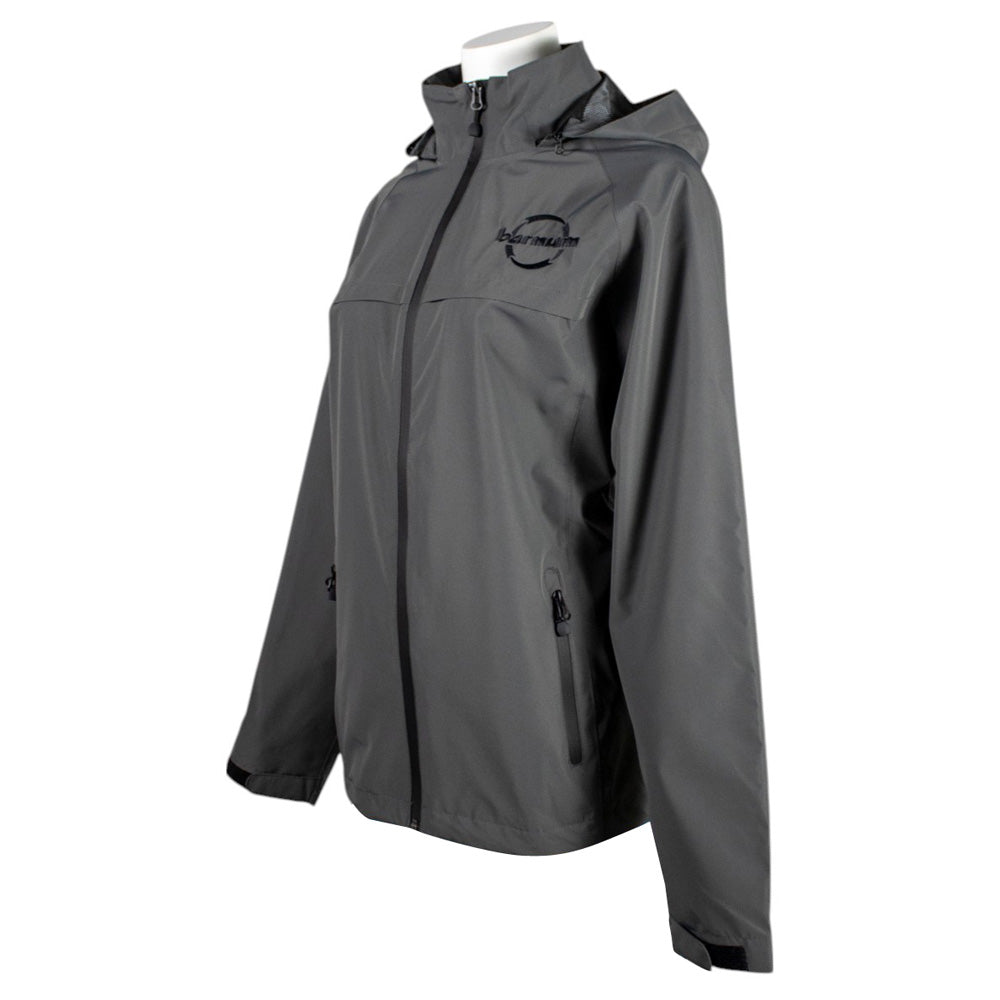Gray rain jacket with a black barnum logo on the chest.