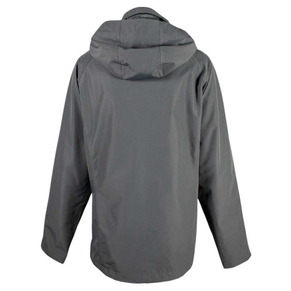 Back of a grey rain jacket with a hood. 