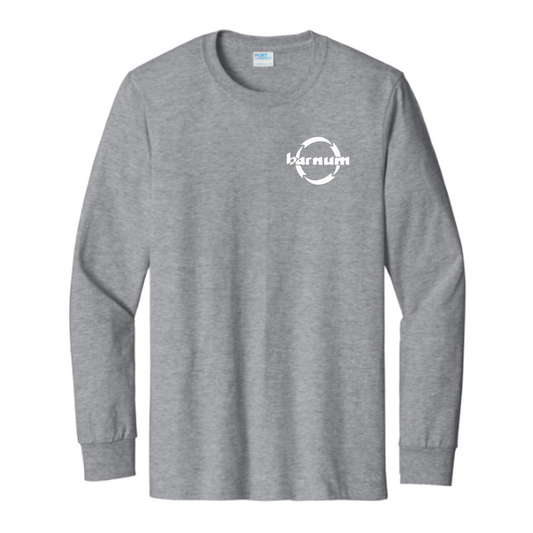 Gray long-sleeve shirt with a white logo on the chest against a white background
