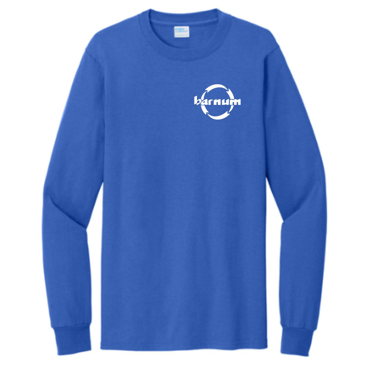 Blue long-sleeve shirt with a white logo on a white background