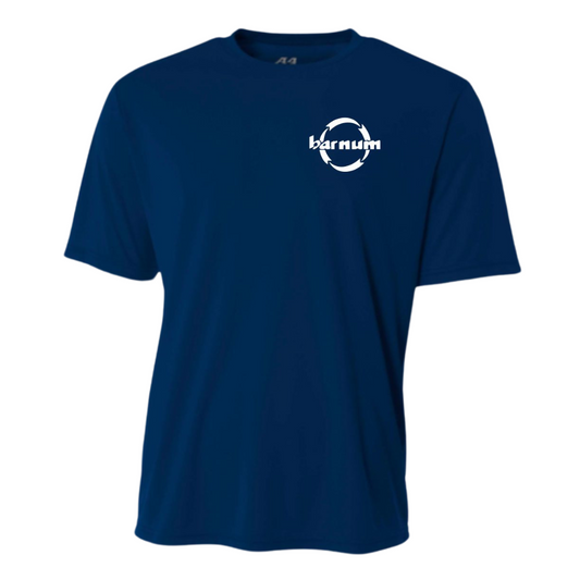 Navy blue t-shirt with a white barnum logo on the left chest. 