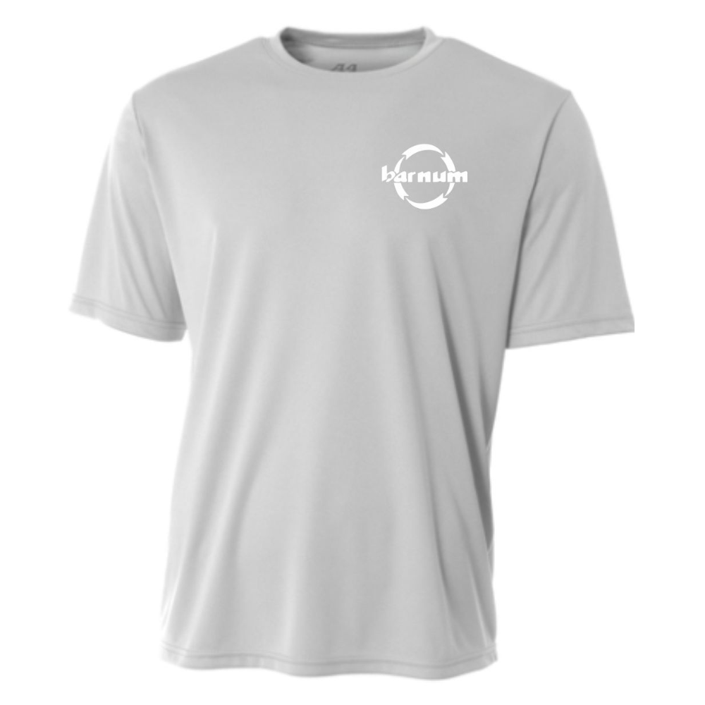 Light grey t-shirt with a white barnum logo on the left chest. 