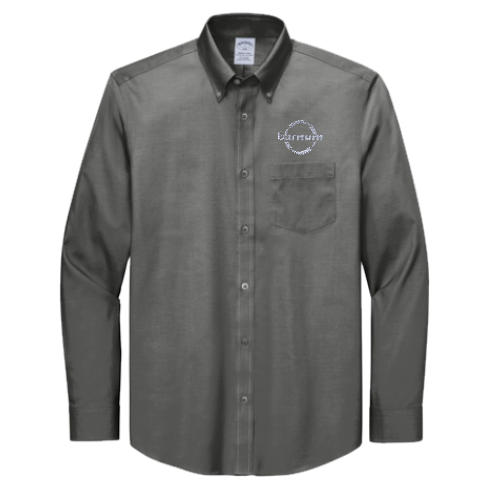 Black button-up shirt with a grey barnum logo on the chest.