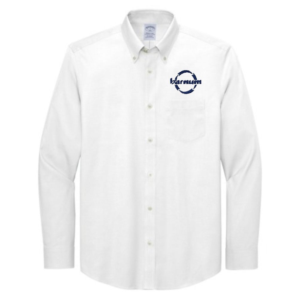 White button-up shirt with a navy blue barnum logo on the left chest.