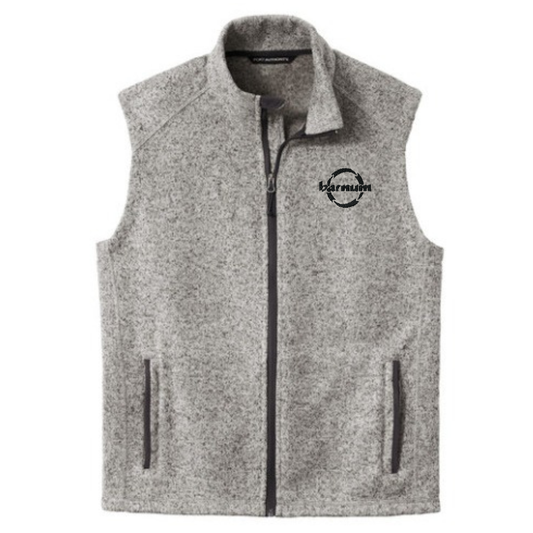 Gray fleece zippered vest with a black barnum logo on the chest.