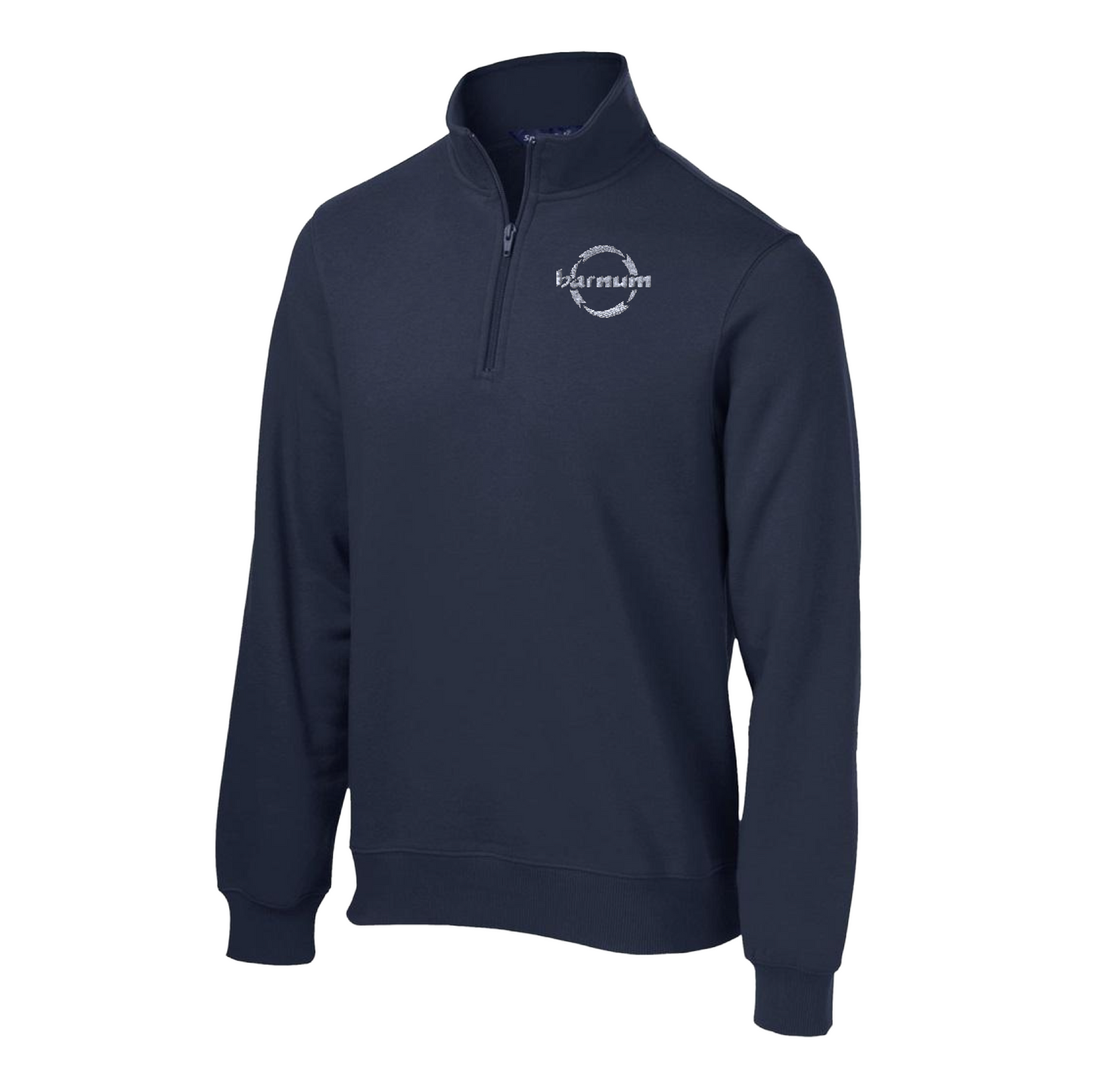 Navy blue quarter-zip sweatshirt with a logo on a white background