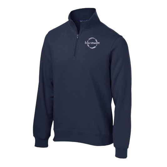 Navy blue quarter-zip sweatshirt with a logo on a white background