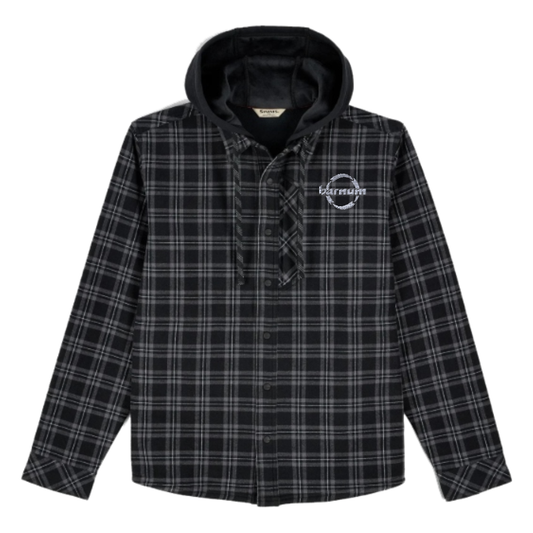 Black and gray plaid shirt with a hood and a barnum logo on the left chest. 