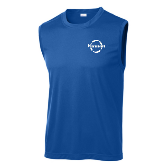 Blue sleeveless shirt with a white HH Barnum logo on the left chest. 