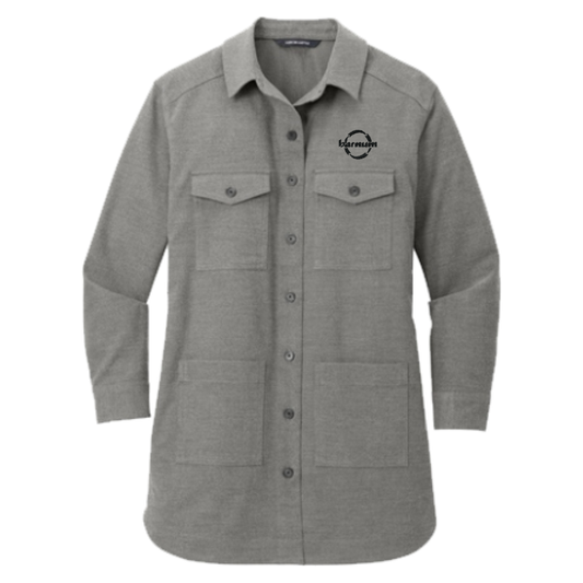 Gray button-up overshirt with a black barnum logo on the left chest. 