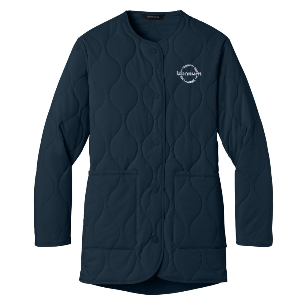 Navy quilted jacket with an embroidered barnum logo on the left chest. 