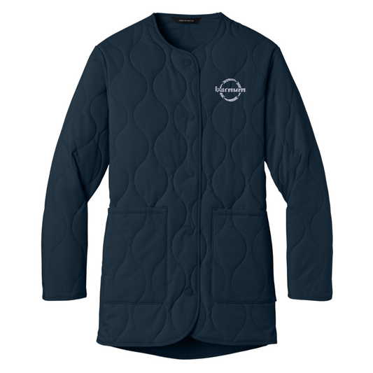 Navy quilted jacket with an embroidered barnum logo on the left chest. 