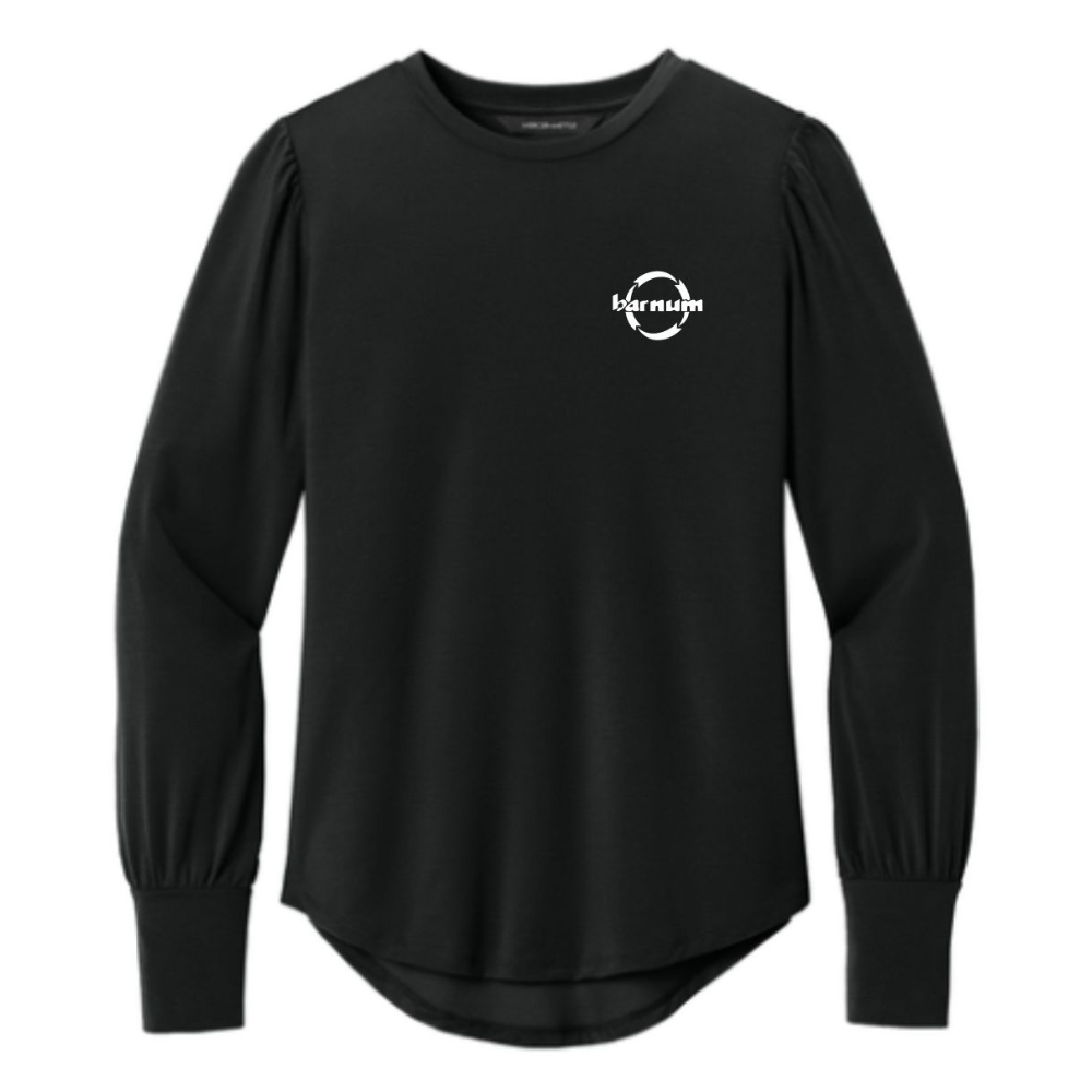 Black long-sleeve shirt with a white barnum logo on the chest. 