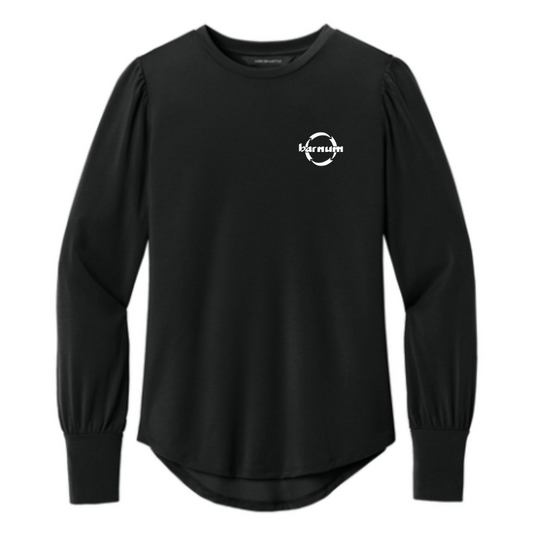 Black long-sleeve shirt with a white barnum logo on the chest. 
