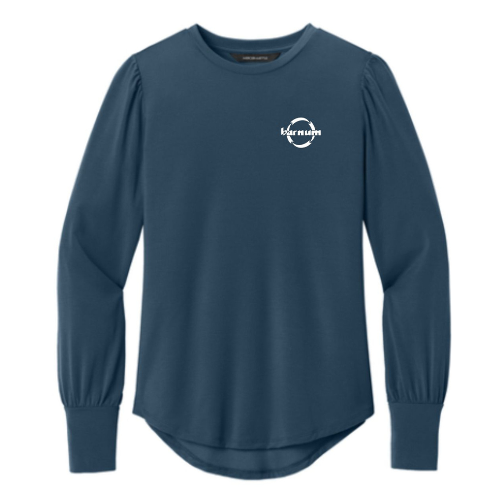 Blue long-sleeve shirt with a white barnum logo on the chest. 