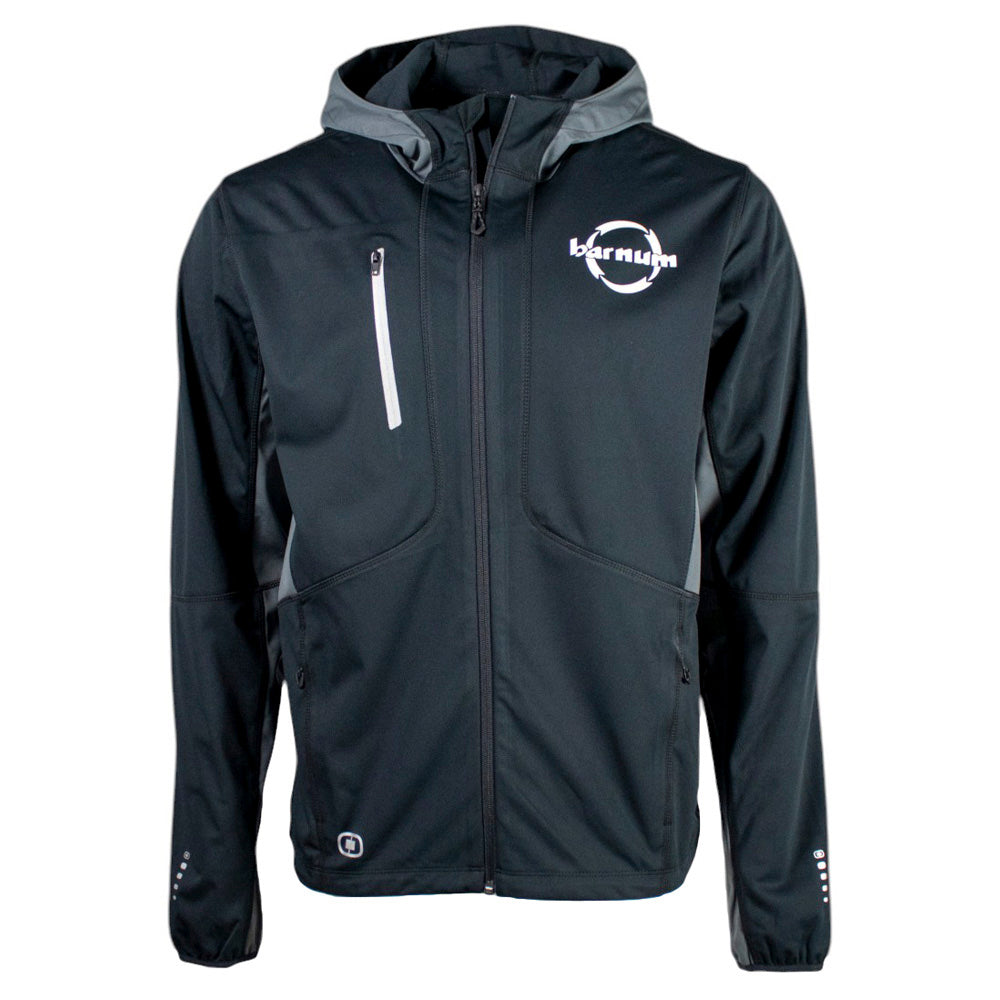 Black and grey jacket with zippered pockets and the barnum logo in white on the chest. 