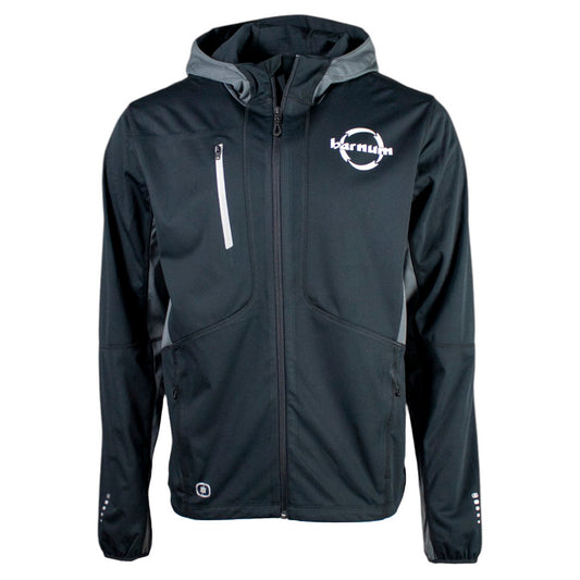 Black and grey jacket with zippered pockets and the barnum logo in white on the chest. 