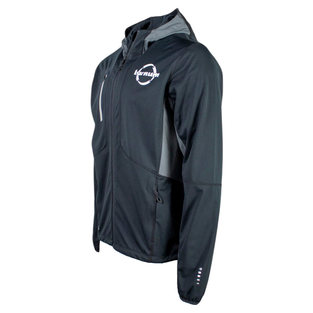 Black jacket with grey details and the barnum logo in white on the chest. 
