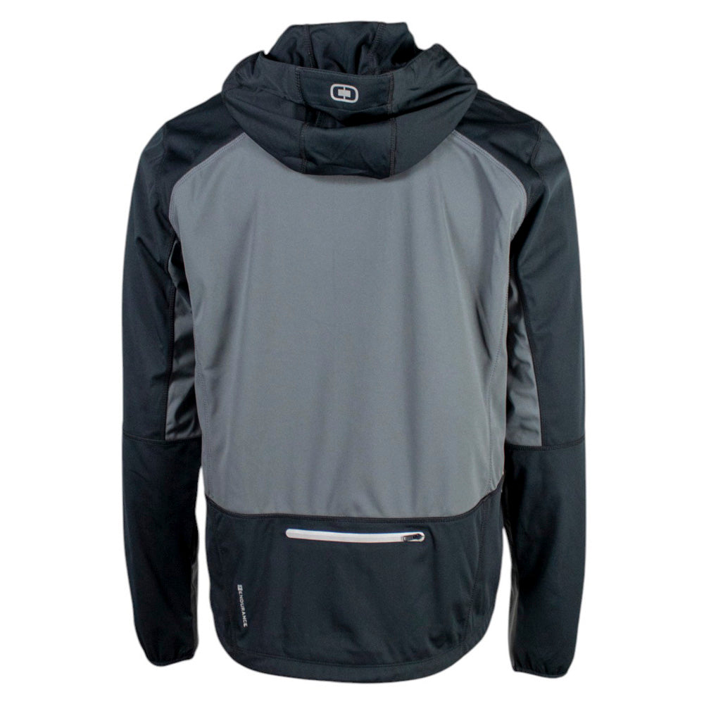 Back of a black and gray jacket with a hood and pocket.