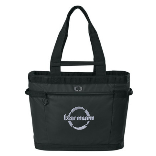 Black tote bag with a shoulder strap, hand strap, and white 'Barnum' logo on the front outer pocket.