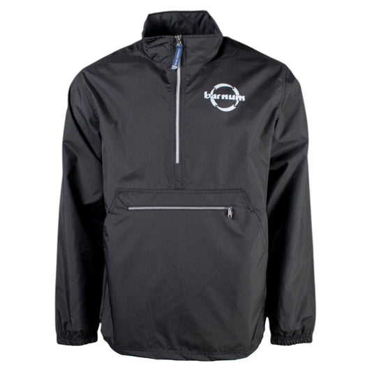 Black half-zip windbreaker with a white barnum logo on the chest.