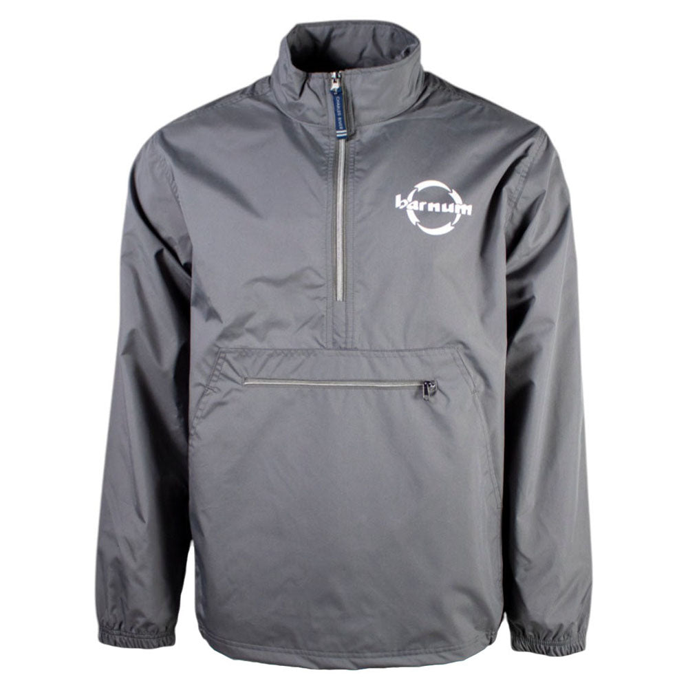 Gray pullover half-zip windbreaker with a white barnum logo on the chest. 