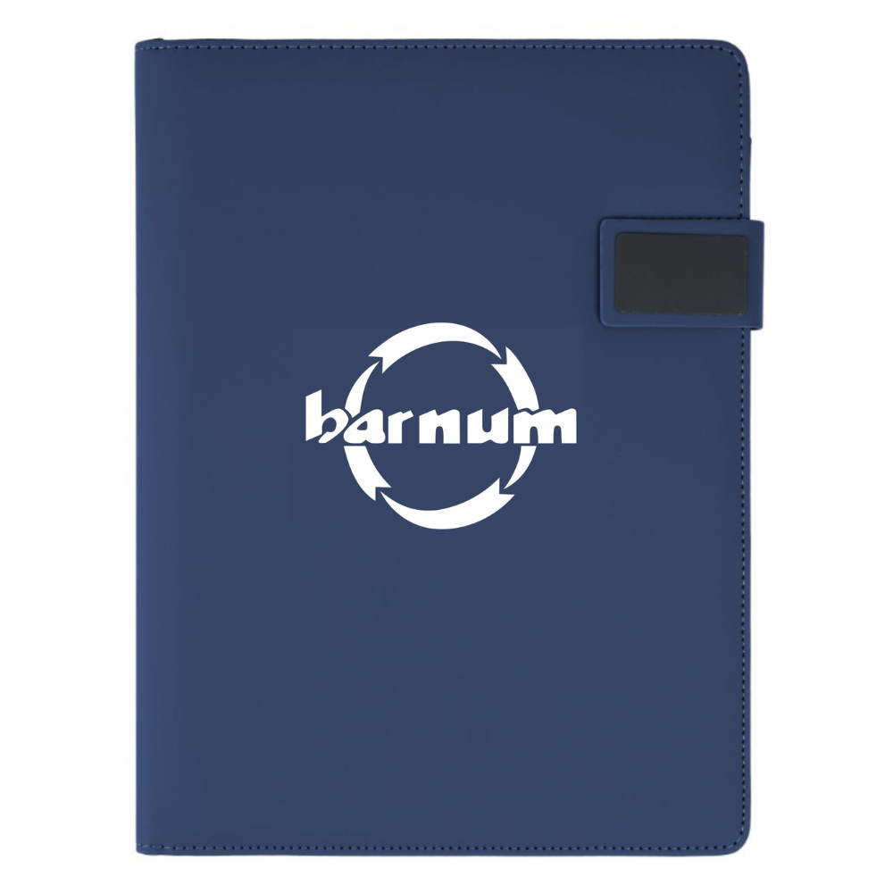 Blue leather case with 'barnum' logo on front and a magnetic closure. 
