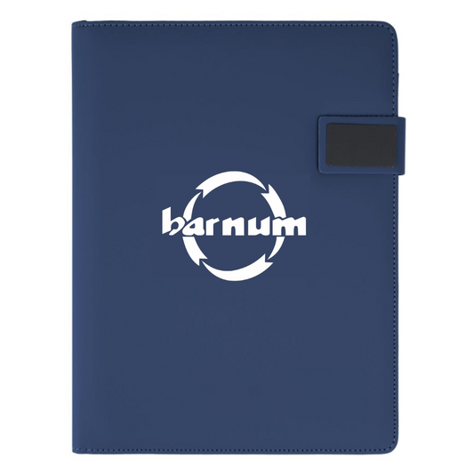 Blue leather case with 'barnum' logo on front and a magnetic closure. 