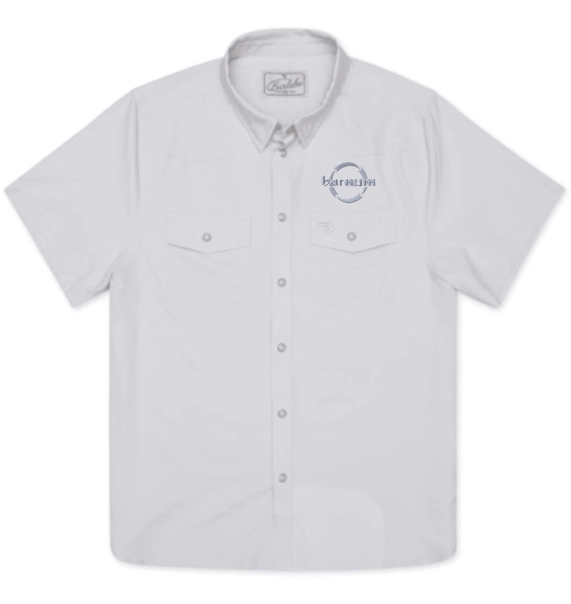 Light gray button-up shirt with a gray barnum logo on the left chest. 