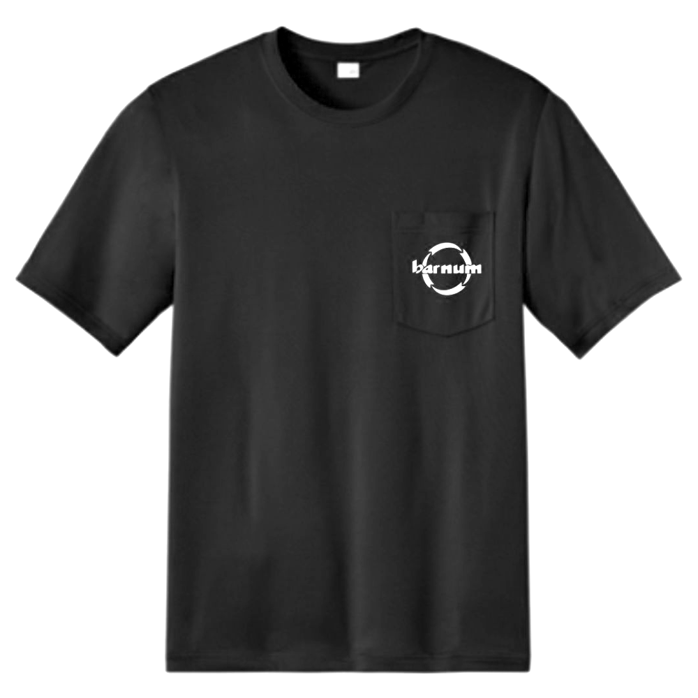 Black t-shirt with a white barnum logo on the chest pocket.