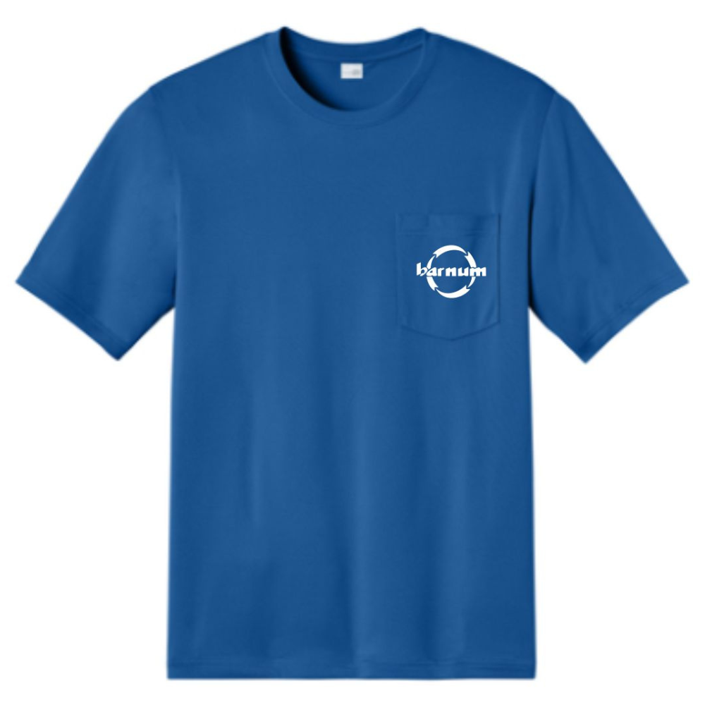 Blue t-shirt with a white barnum logo on the chest pocket.