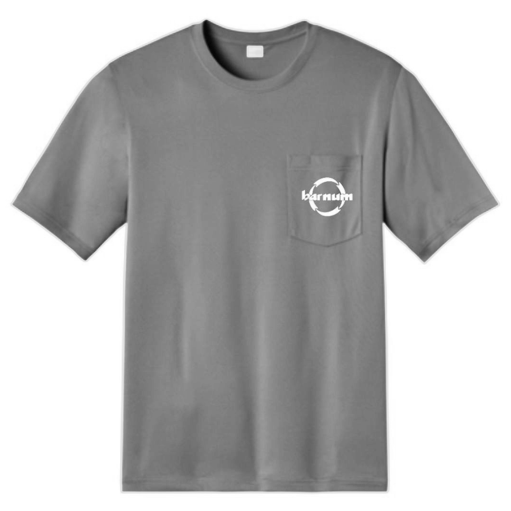 Light gray t-shirt with a white barnum logo on the chest pocket.