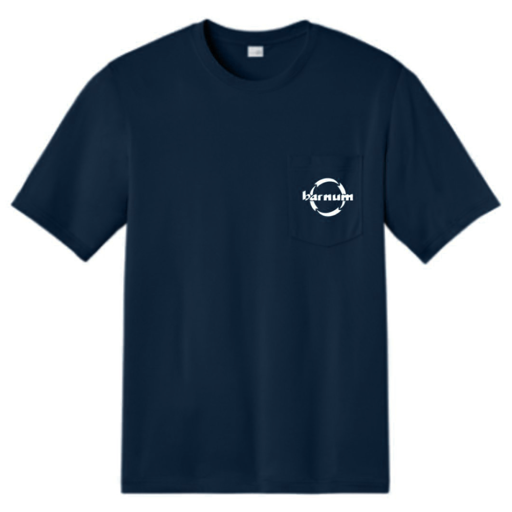 Navy t-shirt with a white barnum logo on the chest pocket.