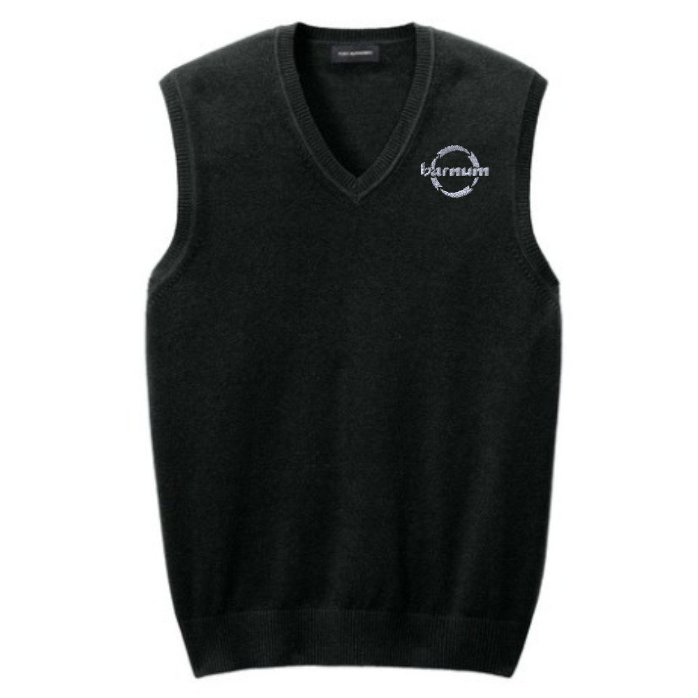 Black sweater vest with a barnum logo on the left chest. 