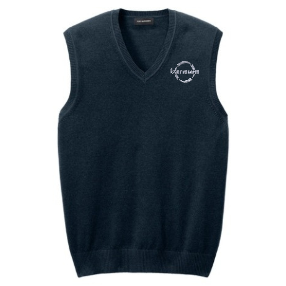 Navy sweater vest with a barnum logo on the left chest. 