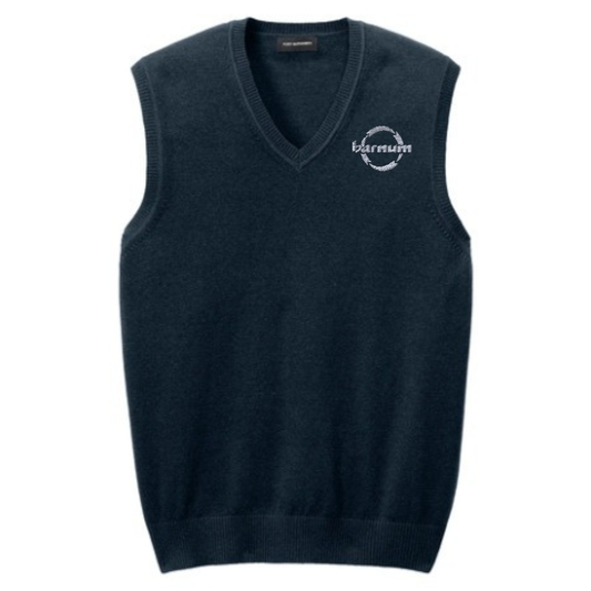 Navy sweater vest with a barnum logo on the left chest. 