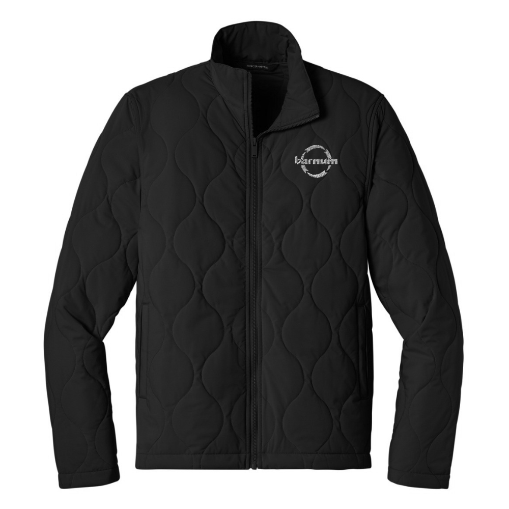 Black quilted jacket with a white barnum logo on the left chest.
