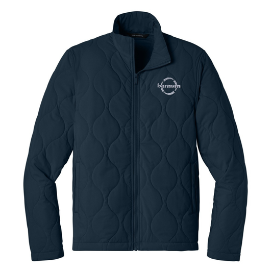 Navy quilted jacket with a white barnum logo on the left chest.
