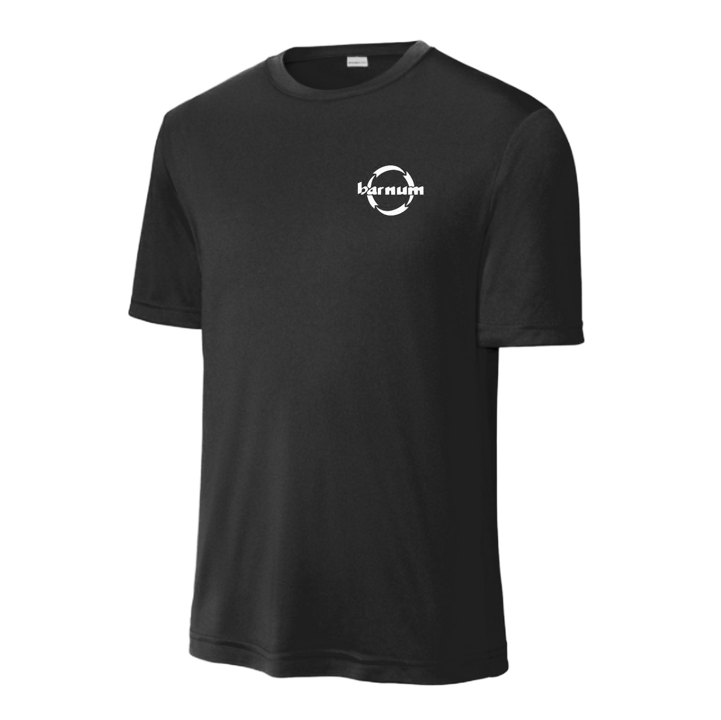 Black t-shirt with a white logo on a white background