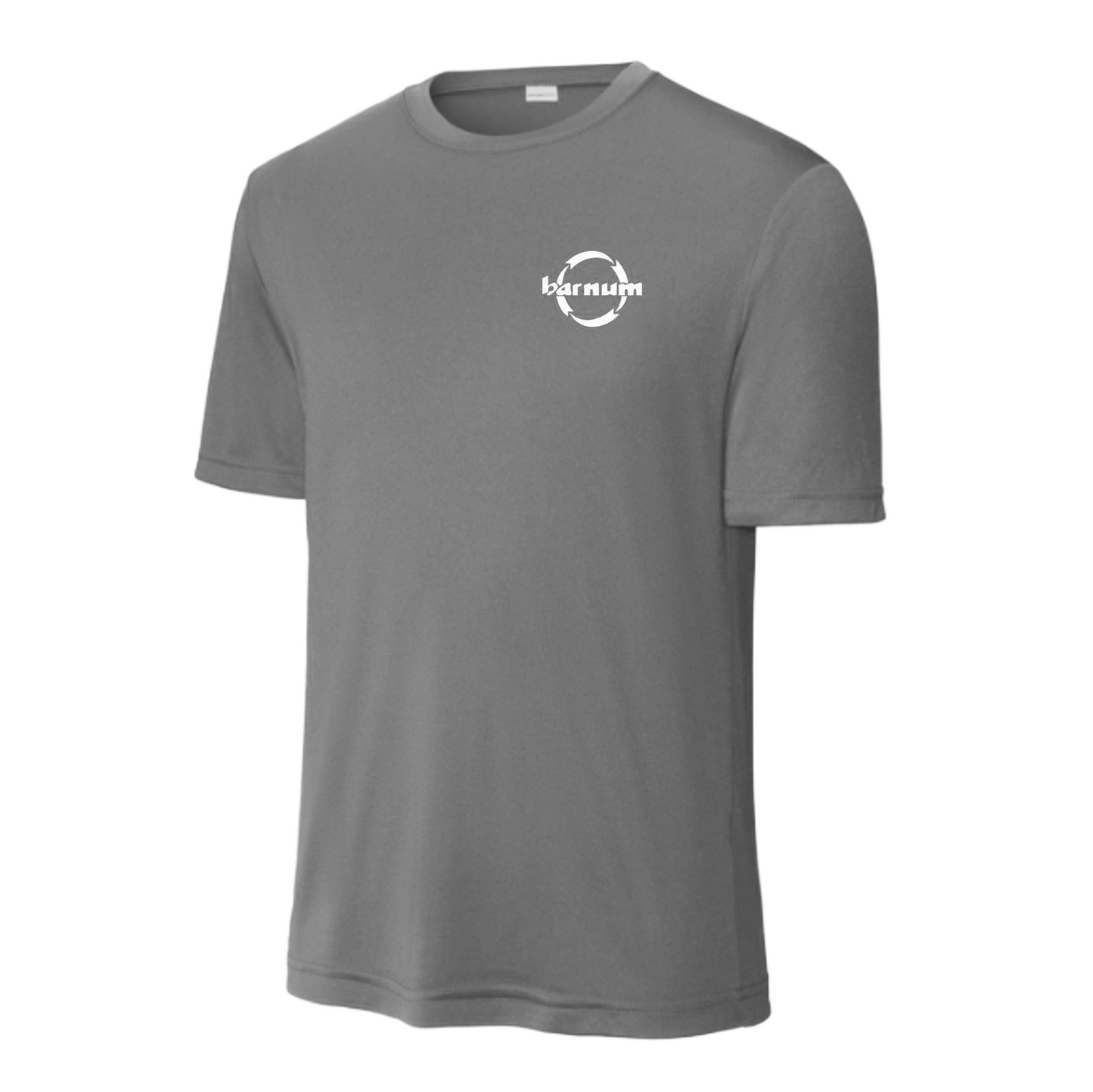 Gray t-shirt with a white logo on a white background