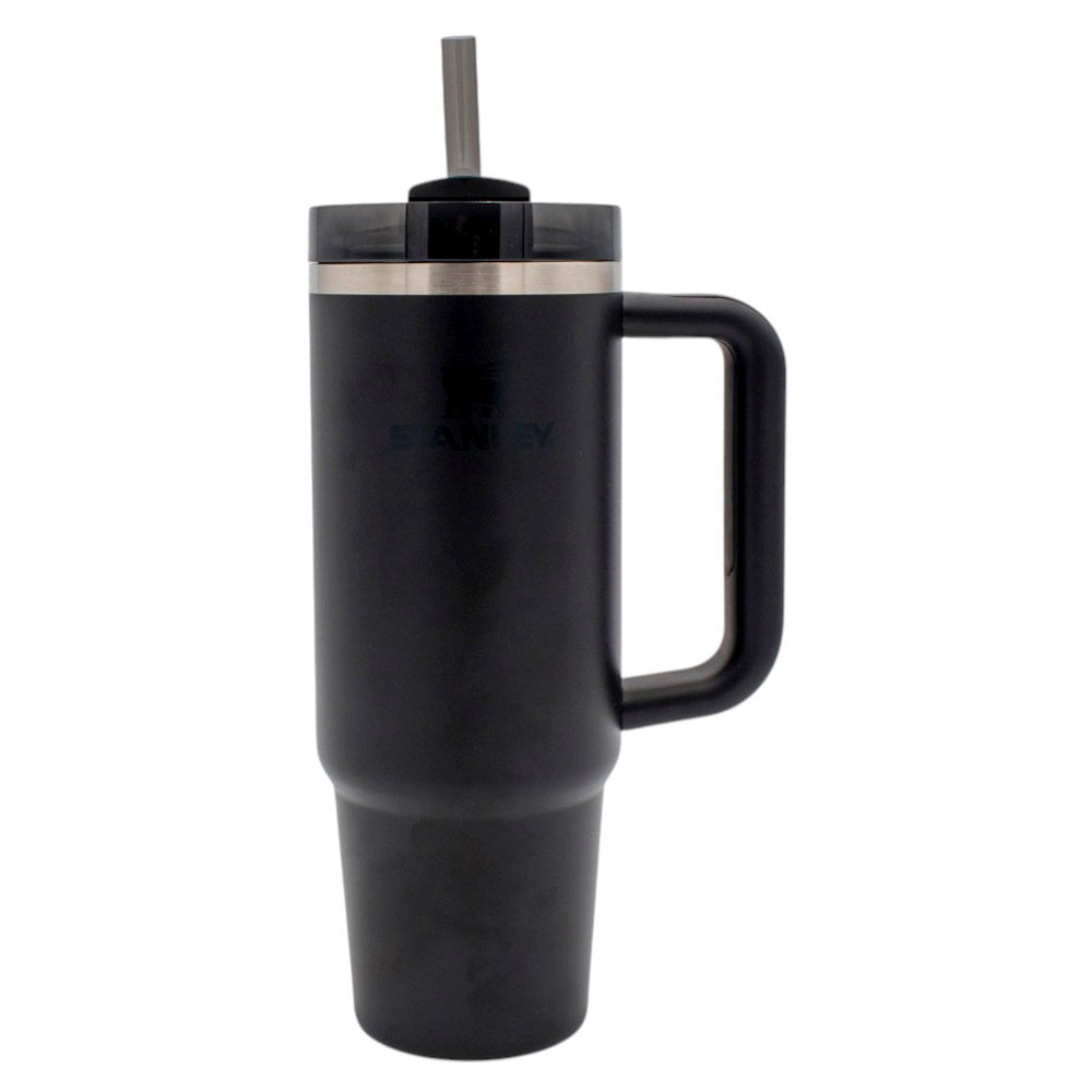 Back of a black travel mug with handle and straw.