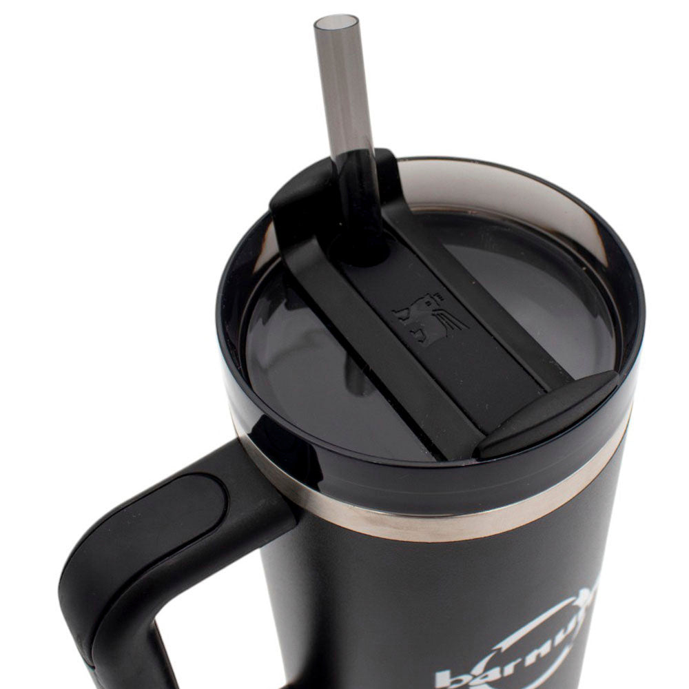 Close up of the top of a black insulated travel tumbler with a straw lid.