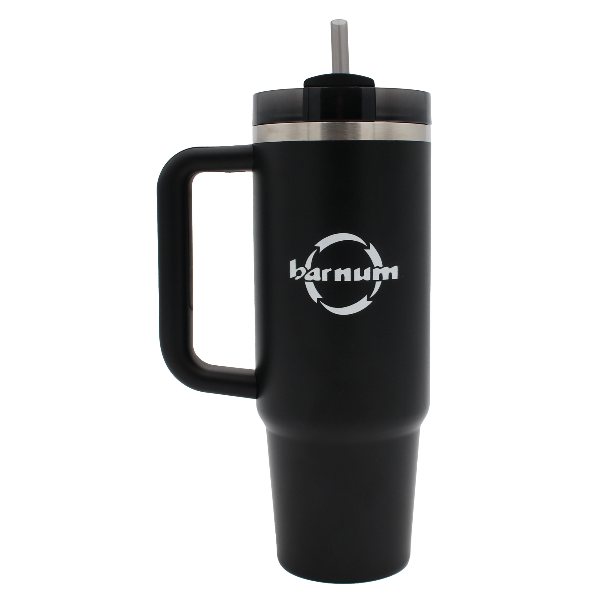 Black insulated tumbler with handle and straw lid, featuring the Barnum logo.